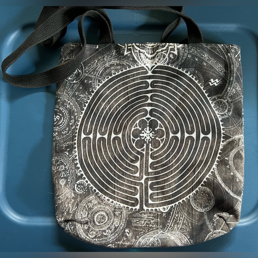 Mystical Labyrinth artist designed (NOT AI!) Black and White Patterned Tote Bag